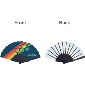 A paper hand-held fan featuring a multicoloured design with hearts on one side and a plain back. It has a logo.