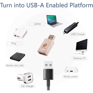 A collection of USB devices and connectors, including a Wheat Straw USB Data Blocker, in various colours on a white background.