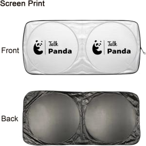 Twin circular car sun shade in white and black with a logo, featuring a light-blocking design on the reverse side.