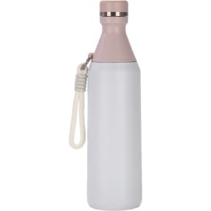 A drink bottle in grey and pink, featuring a slim design with a stylish cap and a carry strap. It has a logo.