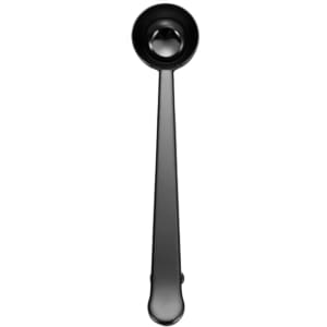 A black coffee measuring spoon with a clip, featuring a long handle and scoop at the end.