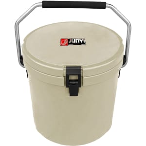 A 12L ice bucket in light beige with a black handle and lid, featuring a logo on the front.