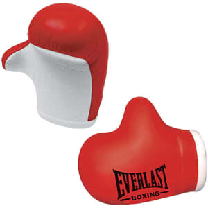 A red boxing glove-shaped stress reliever with white detailing and a logo on one side.