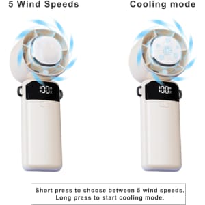 A portable cooling fan in white with a digital display and adjustable settings. Features a logo on the side.