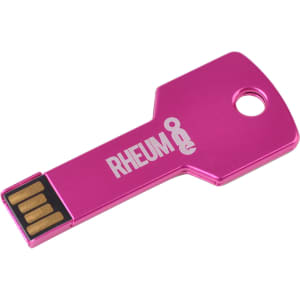 A pink square key-shaped flash drive with a hole for attachment and a logo on its surface.