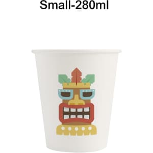 A disposable single wall paper cup in white featuring a colourful design with a tribal motif.