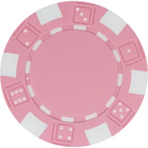 A pink poker chip featuring white accents and dice designs. It has a circular shape and includes a logo.