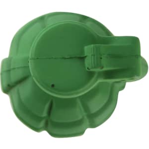 A green grenade-shaped stress reliever with a handle, featuring a textured surface and a round base.