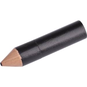 A black pencil-shaped flash drive with a wooden tip, featuring a branding logo on its side.