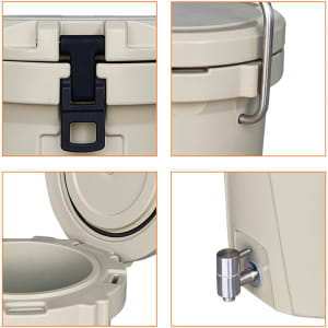 A light beige ice bucket featuring a secure latch, handle, and a faucet for easy dispensing. Includes a logo.