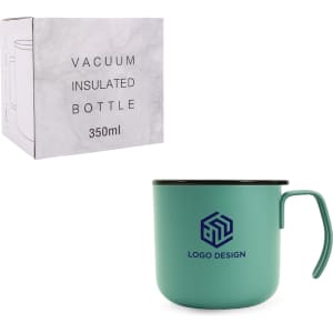 A drink bottle featuring a mint green finish and a handle, accompanied by a box for a 350ml insulated mug.