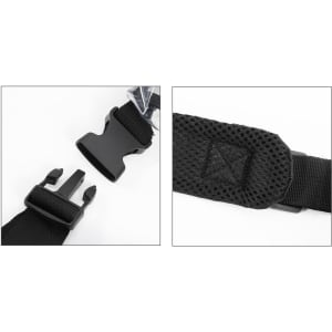 A black shoulder strap with a buckle and mesh padding for comfort, featuring a sturdy attachment mechanism.