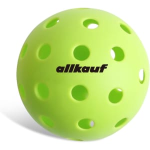 A bright green pickleball with holes, featuring a logo on the surface.