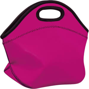 A vibrant pink neoprene lunch bag with a black trim and handles. Features a sleek, soft design.