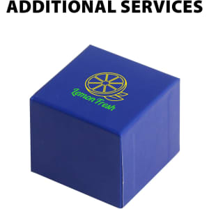 A blue square box with a logo featuring a lemon slice, designed for a product or service.