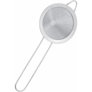 A bar mesh strainer with a round, fine mesh design and a silver handle, featuring a simple, sleek appearance.