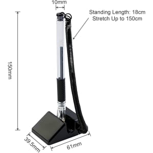 A fixed signature pen in black with a clear barrel, attached to a sturdy base and coiled cord for flexibility.