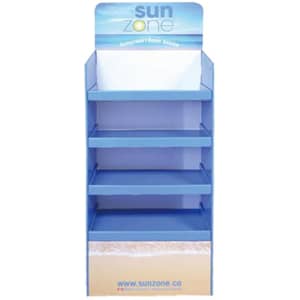 A premium cardboard floor display in blue, featuring multiple shelves for product placement and a logo.