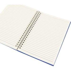 A5 wiro side bound notebook with lined pages and a blue cover. It features a spiral binding for easy page turning.