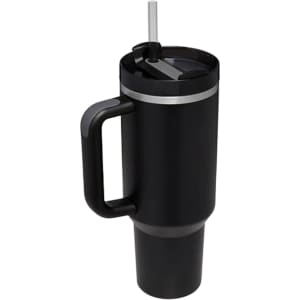 A drink bottle in black stainless steel with a lid and straw, featuring a sturdy handle and a sleek design.