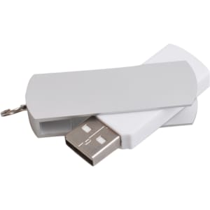 A white flash drive with a grey casing, featuring a metal keyring attachment and a USB connector.