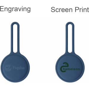 A blue Air Tag protective case featuring options for engraving and screen printing, displaying logos on each side.