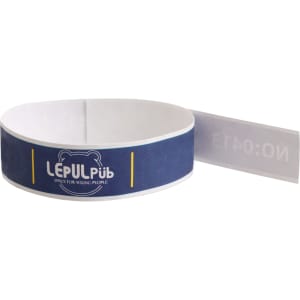 A blue disposable Tyvek wristband with a logo and a tab for securing. Ideal for events and exhibitions.