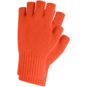 Bright orange knitted fingerless gloves with a ribbed cuff design and a woven label.