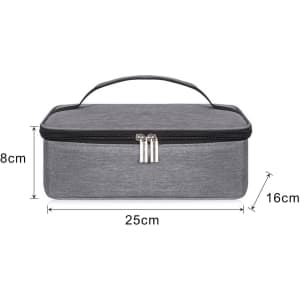 A portable thermal insulated lunch bag in grey with a zip closure and handle, measuring 25cm x 16cm x 8cm.