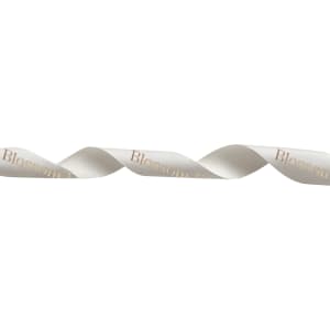 A satin polyester ribbon in white with a gold foil pattern, featuring a logo along its length.
