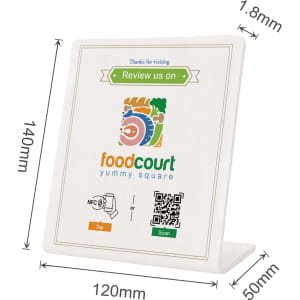A white NFC review stand with dimensions, featuring a logo and a QR code design.
