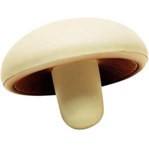 A mushroom-shaped stress reliever in creamy white and brown, featuring a logo on the side.