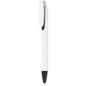 A creamy white plastic pen featuring a black tip and a clip, with a logo on its surface.