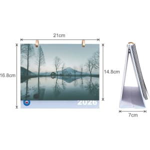 A desk calendar featuring scenic landscape imagery, predominantly in blue and grey tones, with dimensions displayed.