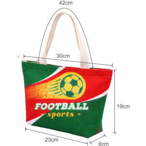 A tote bag featuring a red and green design with a sports theme, measuring 42cm by 30cm. It has a logo.