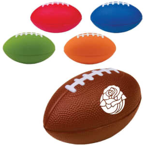 A set of rugby shape stress relievers in red, blue, green, orange, and brown with white stitching and a logo.