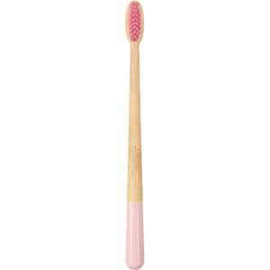 A large conical handle toothbrush with a pink bristle head and a wooden bamboo handle. It has a logo on the handle.