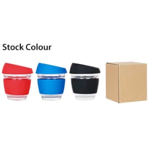 A drink bottle set featuring three reusable glass coffee cups in red, blue, and black, alongside a cardboard box.