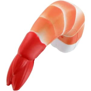 A shrimp-shaped stress reliever in vibrant orange, white, and red colours. It has a smooth, glossy finish.