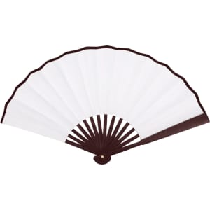 An 8-inch bamboo fabric hand fan featuring white fabric and a dark brown bamboo frame. The fan has a logo displayed.