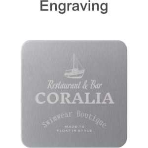 A square metal coaster in silver with an engraved design and a logo.
