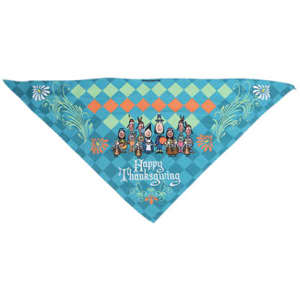 A triangle pet bandana in teal and orange with a diamond pattern and cartoon characters celebrating Thanksgiving.