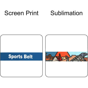 A sports belt with a blue band featuring a design, showcasing two printing methods: screen print and sublimation.