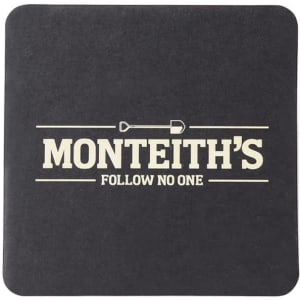 A square black cork coaster featuring a logo and text in a light colour.