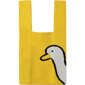 A knitted handbag in yellow featuring a duck design on one side and a square opening at the top.