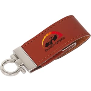 A brown leather flash drive strap with a metal clasp and a logo.