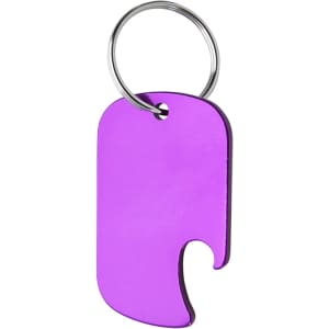 A drink bottle opener keyring in bright purple with a metal ring. It features a dog tag shape and a built-in opener.