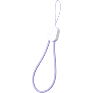 A flexible lilac phone strap with a white clasp, designed for charging convenience. It includes a hanging loop.