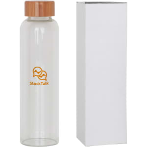 A drink bottle made of clear glass with a bamboo lid, accompanied by a white packaging box.