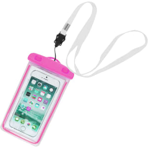 A waterproof phone bag in pink with a clear front, featuring a strap for hanging and a logo on the cover.